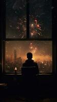 ai generado solitario figura mirando fuera de ventana a noche ciudad y fuegos artificiales foto