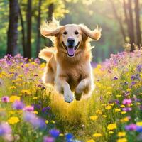 AI generated Beautiful Golden Retriever Running Through Bright Flower Meadow photo