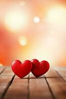 ai generado par de rojo corazones en un de madera mesa con un suave romántico antecedentes foto