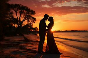 AI generated Pair hugging on seashore with vivid sunset background photo