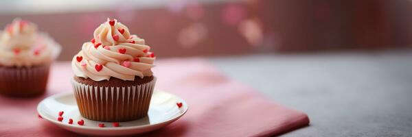 AI generated A dainty cupcake topped with a heart shape decoration on a plain, solid hued plate photo