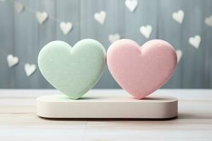 AI generated Soft Pastel Pink and Mint Candy Hearts with Sparkling Sugar   Valentines Day Mockup in Gentle Pastel and Crisp White Shades photo