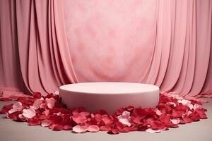 AI generated Valentines Day Showcase with Stand and Swaying Rose Petals in Deep Red, Pale Pink, and Gentle Green Tones photo