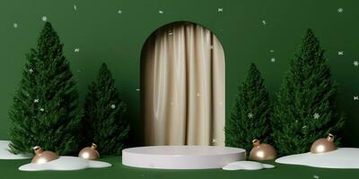 3d Christmas tree podium. Realistic 3d with design stage podium. Decorative festive elements glass bauble balls. Xmas holiday template podium. photo