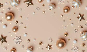 3d Christmas Abstract wallpaper. Realistic . Decorative festive elements glass bauble balls. Xmas holiday template podium. photo