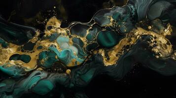 AI generated Acrylic Fluid Art. Fluid black marble background with turquoise and golden waves. Abstract background. AI Generative photo