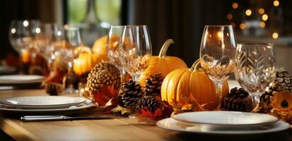 AI generated the table is set with several orange pumpkins, pinecones and pine cones photo