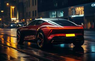 AI generated the concept car is driving at night down a city street photo