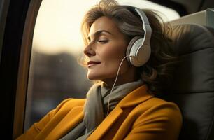 ai generado mayor mujer escuchando a música en tren foto