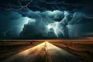 AI Generated Image of thunderstorms and overcast skies. View of a long road outside the city by Generative AI. photo