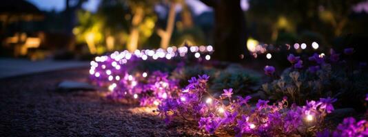 AI generated purple led lights hanging over several flower beds photo