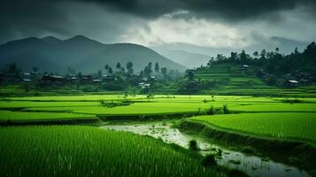 ai generado verde arroz campos en el lluvioso temporada hermosa natural paisaje foto