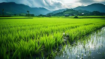 ai generado verde arroz campos en el lluvioso temporada hermosa natural paisaje foto