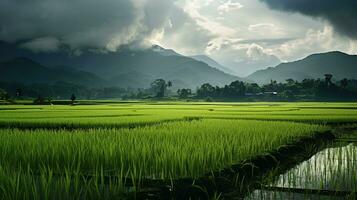 ai generado verde arroz campos en el lluvioso temporada hermosa natural paisaje foto