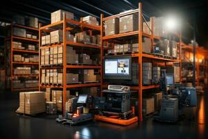 AI Generated The image shows a logistics warehouse with various items. Neatly arranged on shelves and ready for sale.by Generated AI photo