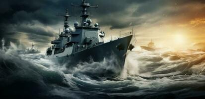 AI generated naval ships moving on the surface of the ocean during stormy day photo