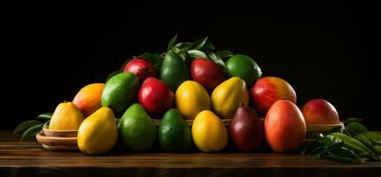 AI generated many different mangoes are shown on a wooden table photo