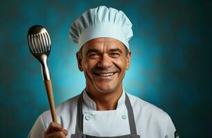 ai generado hombre en cocinero uniforme posando con un cucharón cocinero foto