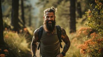 AI generated male professional athlete running at high speed through forest photo