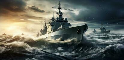 AI generated naval ships moving on the surface of the ocean during stormy day photo