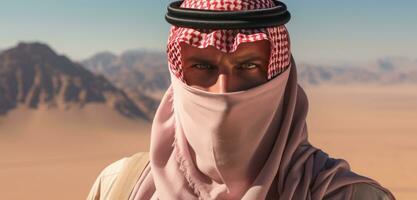 ai generado hombre en el Desierto vestido en un árabe ropa foto