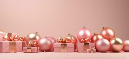 AI generated pink balloons, gold presents, and gold gifts photo