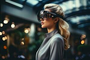 AI Generated Business woman wearing a VR headset. Surreal world and virtual reality. Working in a modern office by Generative AI photo