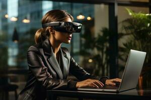 AI Generated Business woman wearing a VR headset. Surreal world and virtual reality. Working in a modern office by Generative AI photo