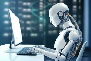 AI Generated Robot sitting at desk with laptop computer in front of him. by Generative AI. photo