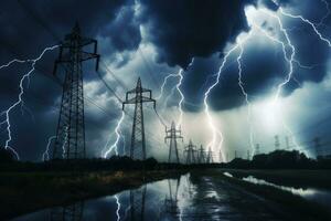 AI Generated image of intense downpour, tempest with lightning and gloomy skies above electrical towers.by Generative AI photo