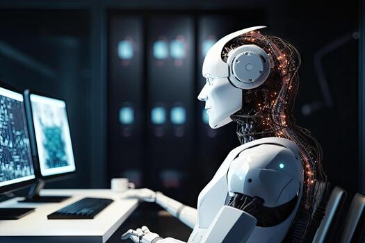 ai generado robot sentado a escritorio con ordenador portátil computadora en frente de a él. por generativo ai. foto