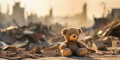 AI generated kids teddy bear toy over city burned destruction of an aftermath war conflict photo