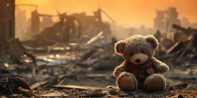AI generated kids teddy bear toy over city burned destruction of an aftermath war conflict photo