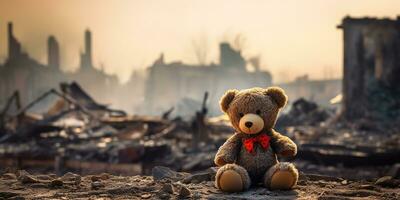 AI generated kids teddy bear toy over city burned destruction of an aftermath war conflict photo