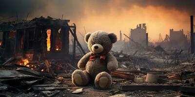 AI generated kids teddy bear toy over city burned destruction of an aftermath war conflict photo