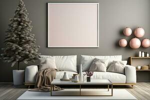AI Generated Living room decorated for Christmas with trees, gifts, walls, posters, canvas, full screen mockup, paint, frames. by Generative AI photo