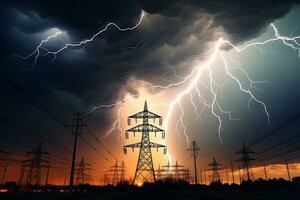 AI Generated image of intense downpour, tempest with lightning and gloomy skies above electrical towers.by Generative AI photo