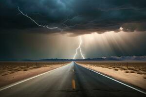 AI Generated Image of thunderstorms and overcast skies. View of a long road outside the city by Generative AI. photo