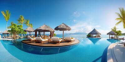 AI generated Luxurious beach resort with swimming pool and beach chairs or loungers umbrellas with palm trees and blue sky photo