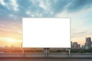AI Generated white blank advertising billboard. street mockup panel. digital lightbox poster ad banner board. bus shelter advertising. green park background. vertical format sign. Generated AI photo