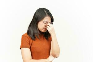 Suffering Headache Of Beautiful Asian Woman Isolated On White Background photo