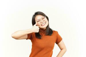 Showing Thumbs Up Of Beautiful Asian Woman Isolated On White Background photo