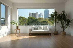 AI Generated Empty modern room with white walls and large windows Minimalist interior design in a luxury apartment The space is clean and contemporary by Generative AI photo
