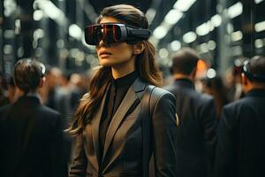 AI Generated Business woman wearing a VR headset. Surreal world and virtual reality. Working in a modern office by Generative AI photo