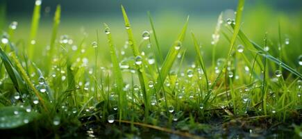 AI generated grass with dew drops, serene atmospheres photo