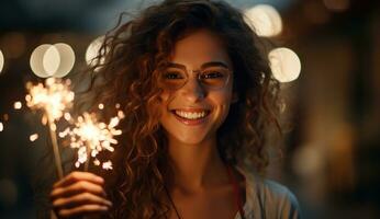 AI generated one woman holding a sparkler while smiling with dark background photo