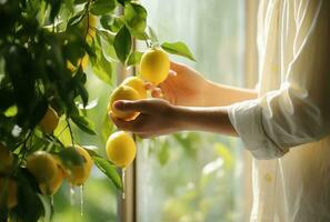 ai generado persona en blanco hawaiano camisas oliendo limones desde ventana foto