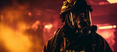 AI generated firefighter in gloves and vests in the dark photo