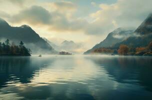 AI generated fog on a lake and mountains photo