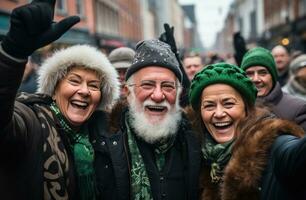 AI generated four elderly saint patrick's day citizens celebrating party with beer on a city street photo